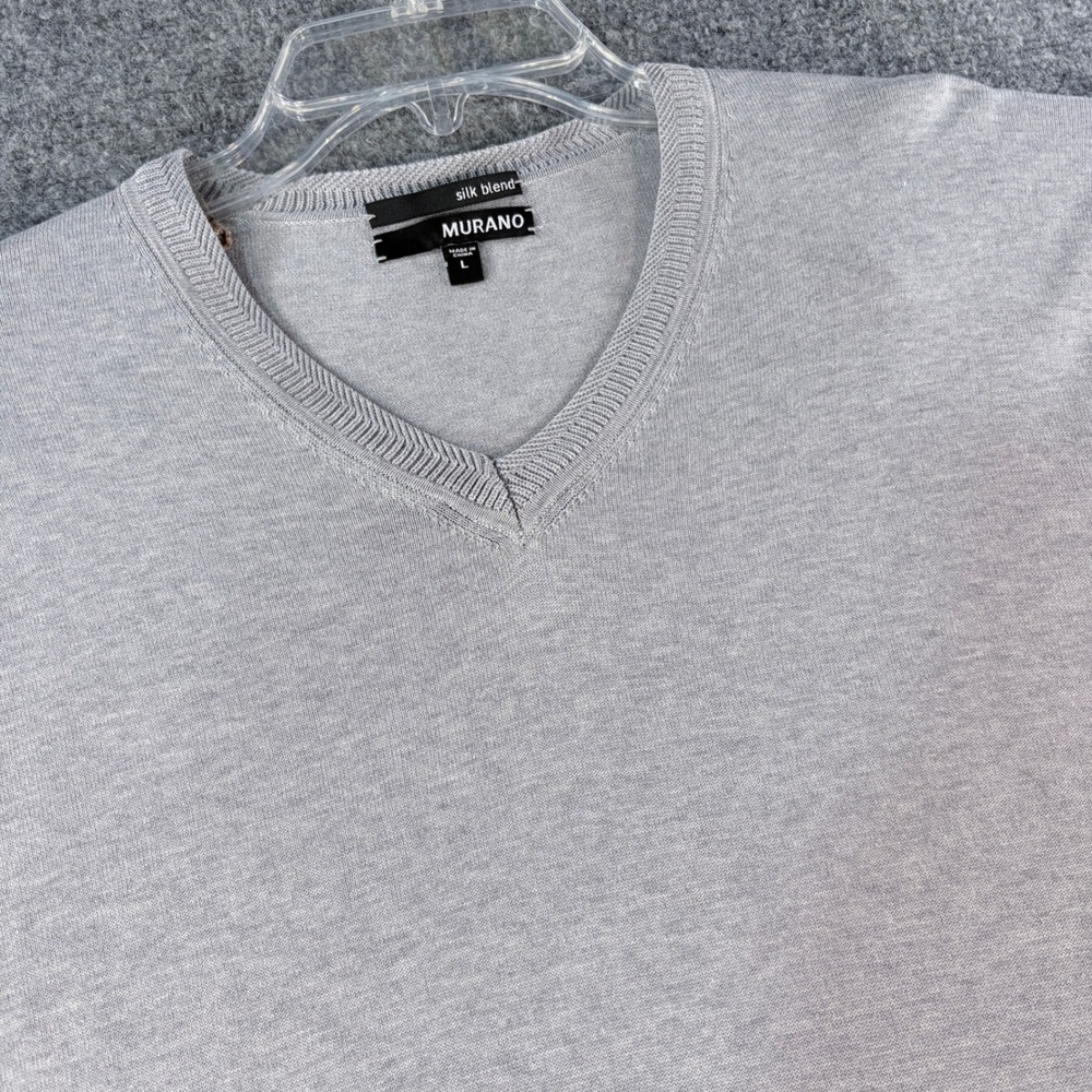 Murano Mens Silk Blend V-Neck Sweater Light Gray Long Sleeve Pullover Large